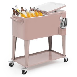 MADOG 80-qt Cooler Cart with Bottle Opener Drainage, Portable Patio Backyard Cooler on Wheels, Outdoor Beverage Cart Ice Chest w/Handle and Tray for Cookout, Garden Party, Outdoor Gathering, Pink