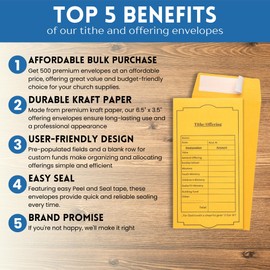 Christian Church Tithing Envelopes Self-Seal (500 Pack) - 6.5"x3.5" Offering Envelopes with Pre-Printed Fields for Tithes, Offerings, and Missions (Classic)