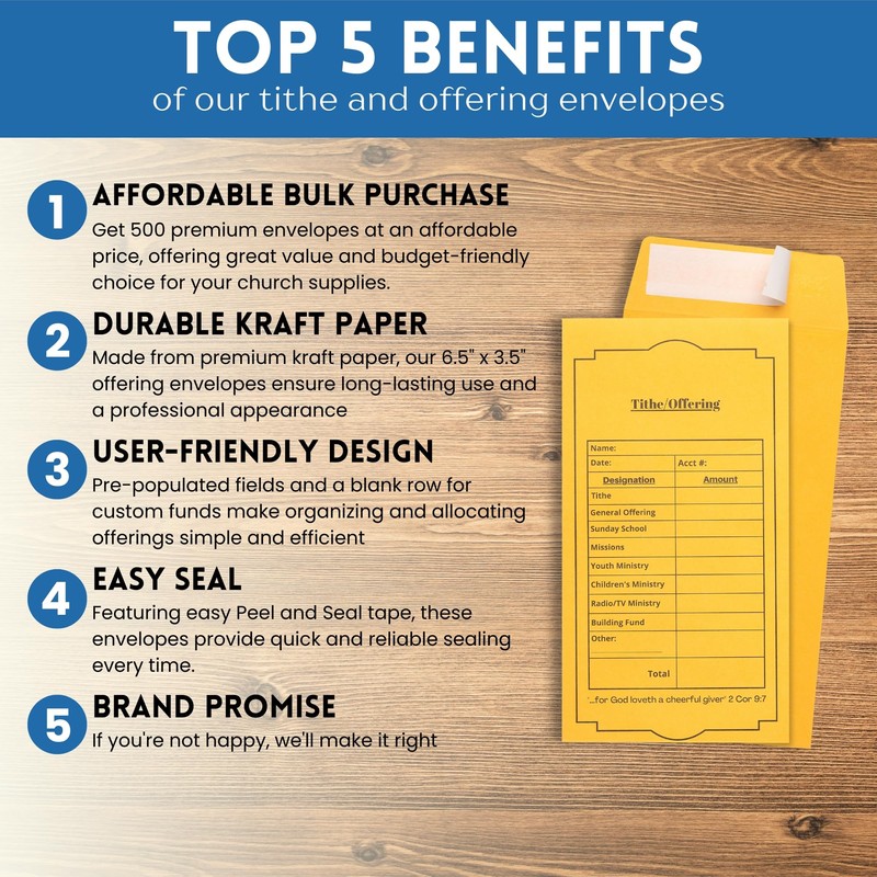 Christian Church Tithing Envelopes Self-Seal (500 Pack) - 6.5"x3.5" Offering