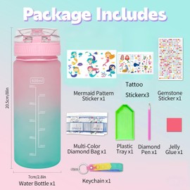 DIY Water Bottle Craft Kit with Mermaid Design, 600ml Bottle, Glitter Stickers, Temporary Tattoos and Keychain, Portable Art Set, Best Birthday for 4 6 8 12 Year Old Girls