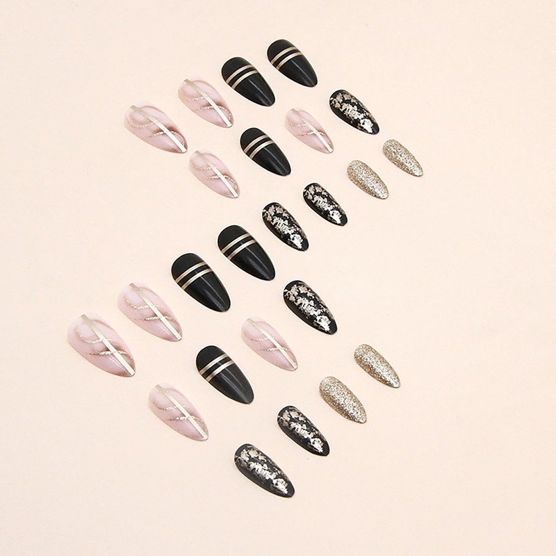 24pc Almond False Nails with Full Cover - Black, Pink,