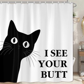 Lacoiime Funny Cat Shower Curtain - Black and White Waterproof Fabric Shower Curtain Set for Bathroom Decor - Farm Fun Shower Curtain with 12 Hooks 72x72 Inches