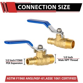 (Pack of 2) EFIELD Cold Expansion Pex-A 1/2-inch X 1/2 Inch Male MPT Brass Shut-off Ball Valve for Pex-A Pipe Connection, ASTM F1960, Blue Lever, cUPC Certified