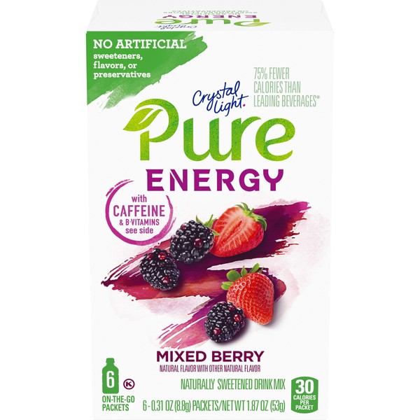 Crystal Light Pure Mixed Berry Energy Drink Mix with Caffeine and B Vitamins (48 On-the-Go Packets, 8 Packs of 6)