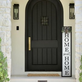 Welcome Sign for Front Porch Decor - Charming Home Sweet Home Sign, 40"x 9" Large Vertical Tall Wood Framed Modern Rustic Farmhouse (Black)