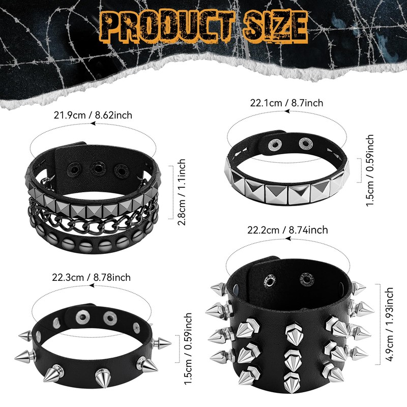 EMORBALS Punk Rock Studded Bracelet - Adjustable Leather Cuff Spiked