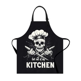 THISFIND Men's Funny Chef Skull Apron – Get Out of My Kitchen Black Cooking Apron with Knife-Wielding Skull Design – Adjustable Kitchen Apron for BBQ, Grilling, and Cooking