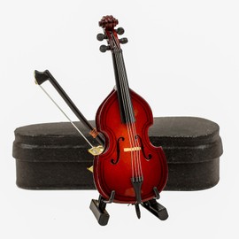 Dselvgvu Wooden Miniature Double Bass with Stand, Bow and Case Mini Musical Instrument Contrabass Replica Collectible Figurines Upright Bass Model Home Decoration Display Ornament (3.94"x1.51"x0.91")