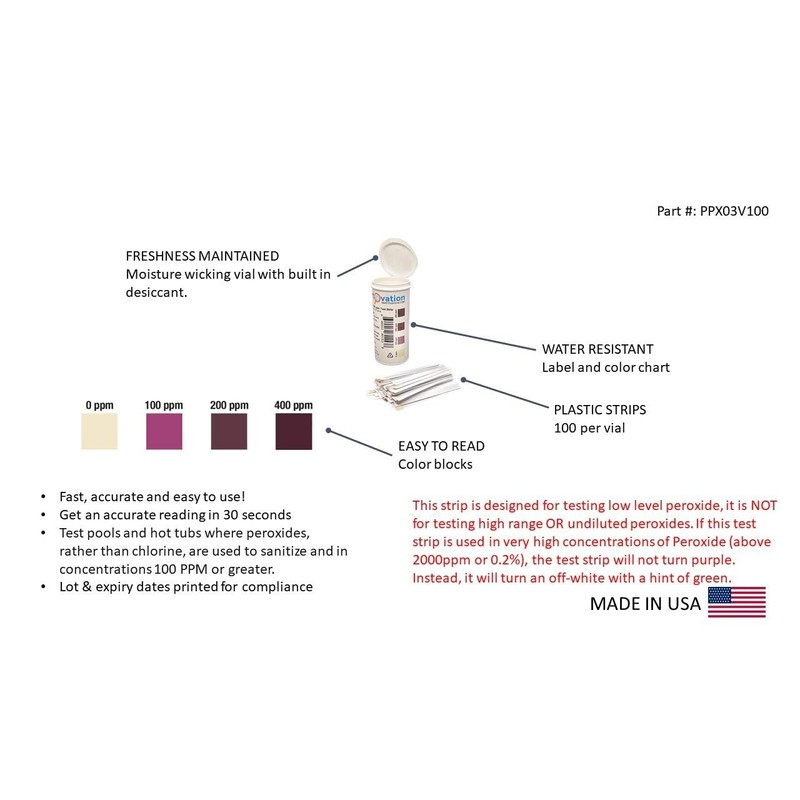 Hydrogen Peroxide H2O2 Test Strips, 0-400 ppm [Vial of 100