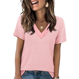 SAMPEEL Spring Fashion Tops for Women Dressy Casual Summer V Neck Shirts Cute Outfits 2025 Teacher Pink Stripe M