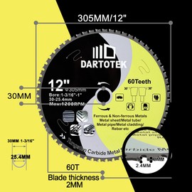 12"/305mm Metal Cutting Disc,Circular Saw Blade 60T,TCT Cut Off Wheel for Steel, Ferrous Steel Pipe with 25.4mm/1" Arbor