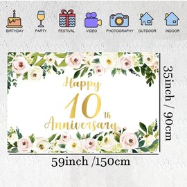 Happy 10th Anniversary Banner Background Decorations, Wedding Anniversary 10th Happy Anniversary Party Poster Accessories Fabric Sign Poster, Floral Anniversary Decor, 1.5m