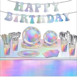 XIXIMENG Paper Tableware Set 129 Pieces Tableware for 16 Guests, Colorful Sliver Suitable for Baby Shower, Wedding Decorations, Birthday Reusable Party Paper Reusable Supplies Tableware Paper Plates