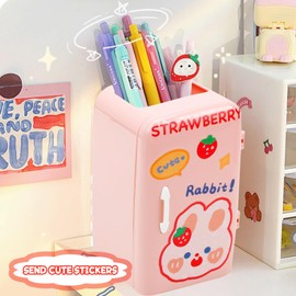 Pen Holder for Desk Cute Unique Refrigerator Shaped Pencil Holder for Classroom Teacher Funny Pen Hold Stand with DIY Sticker for Girls Office Desk Accessories Desktop Stationery Organizer Supplies