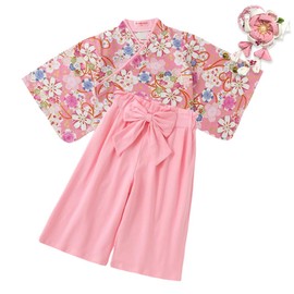 SLINX HF421 Yukata, Children, Girls, Baby, Kids, Summer Festival Costume, Kimono, Yukata, Hair Ornament, 3-piece Set, Japanese Pattern, Yukata Set, Hakama-Style, Top and Bottom Set, Hakama, Children's