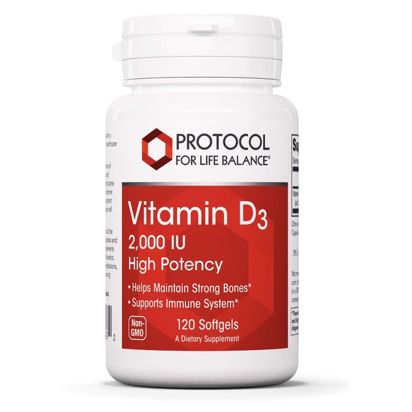 Protocol For Life Balance - Vitamin D3 2,000 IU (High Potency) - Supports Calcium Absorption, Bone and Dental Health, Immune System Function, Nervous System, and Cognitive Function - 120 Softgels