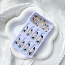 24 Pcs Long Press on Nails Almond Fake Nails Green Star False Nails with Rhinestone Designs Nude Pink Acrylic Nails Glue on Nails for Women Girls