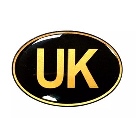 UK Oval Small 50mm x 35mm Car Sticker - Retro - GOLD on BLACK - GLOSS DOMED GEL