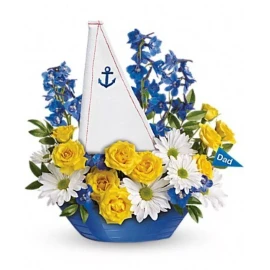 Teleflora Flower Vase Blue Ceramic Captain Boat Teleflora 4 Dad Father's Day Son Birthday