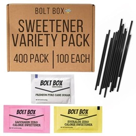 (400 total, 100 each) Bolt Box Sugar & Sweetener Packets Box - Cane Sugar, Substitute Packets, Plastic Coffee Stirrers