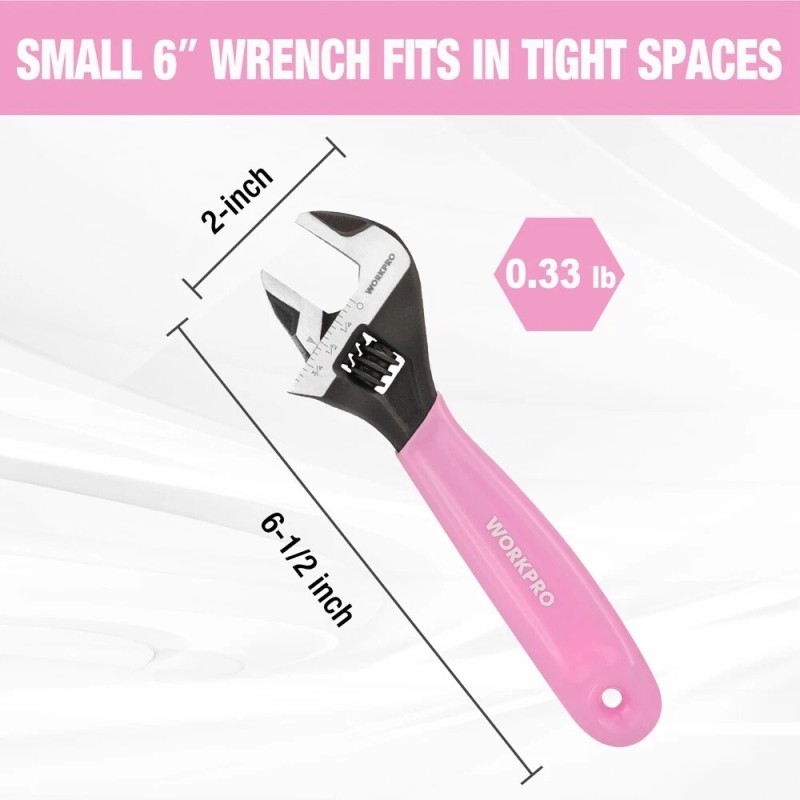 WORKPRO 6-Inch Pink Adjustable Wrench Cr-V Steel Metric & SAE