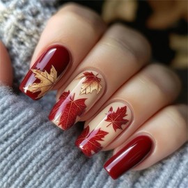 RTKHFZE Maple Leaf Press on Nails Medium Square Fake Nails Red Full Cover False Nails with Designs Artificial Nails Glossy Acrylic Nails Stick on Nails for Women 24Pcs