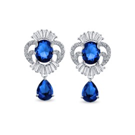Art Deco Style Blue CZ Teardrop Crown Baguette Simulated Sapphire Dangle Prom Statement Earrings Silver Plated Brass