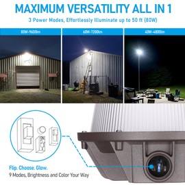 TORCHSTAR 3CCT LED Barn Light Adjustable, Dusk to Dawn Area Lights with Photocell, Update 40W/60W/80W Selectable, 120-277V Outdoor Security Flood Lighting for Garage, Street, ETL, IP65 Waterproof