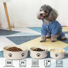 Sweejar Ceramic Dog Bowls with Paw Pattern, Dog Food Dish for Small Dogs, Porcelain Pet Bowl for Water 16 Fl Oz (Beige)