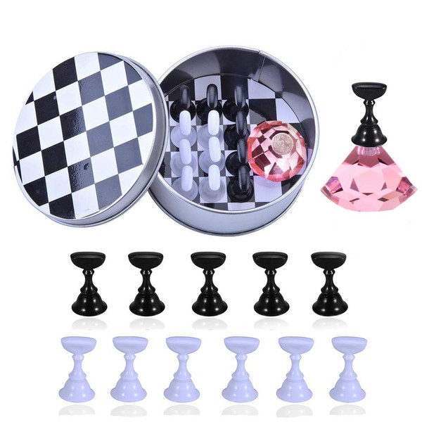 Kalolary 1 Set Nail Art Holder Practice Stand for Nail Art Display, Magnetic Nail Stand Tips Holders Crystal Holder Chessboard Fingernail DIY Training Practice Display Stand(Pink)