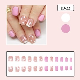 Easter Bunny Press on Nails - 24PCS Glossy Pink Fake Nails Short Square with Bunny & Flower Designs for Women Bunny Ear Stick on Nails Kits Reusable Spring Artificial Nail Art for Egg Hunt Party