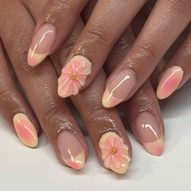 24Pcs French Tip Press on Nails Short Almond Fake Nails with 3D Floral Gold Beads Designs Gradient False Nail Cute Stick on Nails Summer Flower Acrylic Nail tips Full Cover Glue on Nail for Women