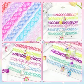 VURYAPI 12 Pieces Cute Girls Necklace, Choker Necklace Set for Teenage Girls, Pendant Charm Unicorn Rainbow Panda Cat Heart Flower Mermaid Chokers Henna Tattoo Stretch Elastic