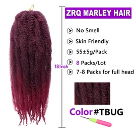 ZRQ 8 Packs 18 Inch Marley Twists Braiding Hair, Burgundy Afro Kinky Marley Hair Crochet Braids, Curly Curly Twist Hair For Locs(TBUG#,8 Packs)