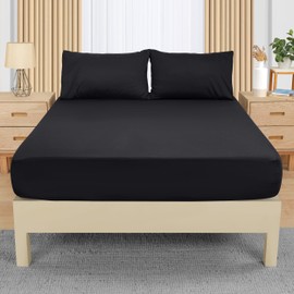 Utopia Bedding Double Fitted Sheet with 2 Pillow Cases (50x75cm), Black - Deep Pocket (35 cm) - Bed Sheets Set - Soft Brushed Microfibre