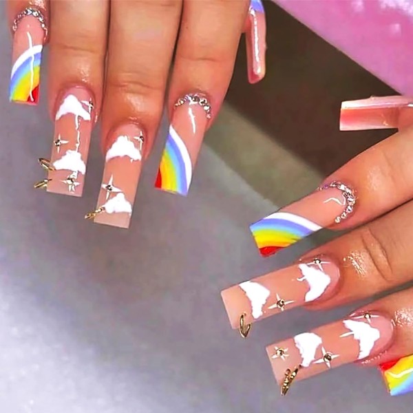 Brishow Artificial Nails Rainbow Press On Nails Ballerina Long Artificial