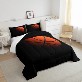 Castle Fairy Queen Size Basketball Comforter Set for Boys Kids Teens,Ultra Soft Microfiber Sports Theme Black and Orange Basketball Bedding Sets with 1 Comforter and 2 Pillowcases