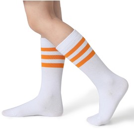 Pareberry Boys Girls Over the Calf Striped Tube Socks Cotton Soft Retro Athletics Socks for Kids Age 4-9 (US, Age, 6 Years, 9 Years, A09-Orange/White)