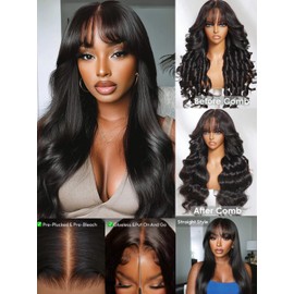 KLAIYI Fluffy Body Wave Curtain Bang Wig Bye Bye Knots Glueless Pre Cut 7x5 Lace Front Wigs Human Hair Loose Wave Pre Bleached Pre Plucked Pre Everything 3S Easy to Wear and Go Wig 180% Density 20Inch