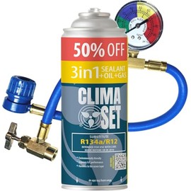 ClimaSet 3in1 R134a Kältemittel Ersatzgas - Kühlmittel Klima Auto mit Klima Dichtmittel und Öl - Gasflasche 1x235 g Auto Klimaanlage Nachfüllset - Klimaanlage Wohnmobil Klimaanlage Schlauch