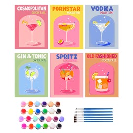 6 Stück Malen Nach Zahlen Cocktail Set - DIY Set Cocktail Malen, DIY Malen Nach ZahlenSet, Anzug für Anfänger, Erwachsene und Kinder, mit 36 Farben Acrylfarbe & 9 Pinseln, Ohne Rahmen (20 x 30 cm)