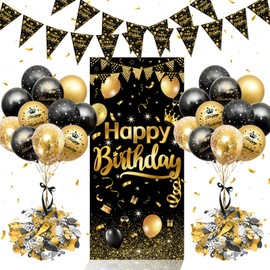 Birthday Decoration, Rinllon Birthday Decoration Men Women, Decoration Birthday Balloons Black Gold, Birthday Decoration Long Banner Background Black Gold, Birthday Decoration for Women and Men