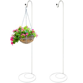 JaGely 2 Pcs Adjustable Shepherds Hook for Outdoor Heavy Duty Garden Shepherd for Wind Chime Stand Hanging Plant Bird Feeder Pole Iron with Base (Elegant Style,White)