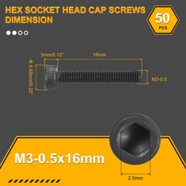 DTGN M3 0.5x16mm Hex Socket Head Cap Bolts Carbon Steel 50pcs Full Thread Cap Bolts Road Bike Hex Socket Head Cap Bolts Best for Mountain Bike Auto Motorcycle Hex Head Metric Bolts Black