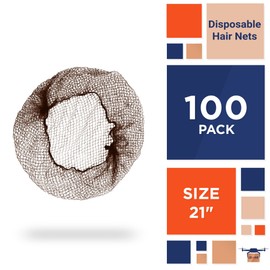 EZGOODZ Brown Disposable Hair Net 21 inches. Pack of 100 Nylon Disposable Bouffant Caps for Kitchen Use. Unisex Lightweight Hair Nets for Food Service. Breathable Hairnets for Cooking