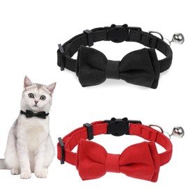 2pcs Red Cat Bowtie Collar, Cat Collar with Bells, Cats Bow Tie, Small Pet Safety Solid Wedding Valentine's Day Basic Pure Color Suede Soft Adjustable 7-13 Inches