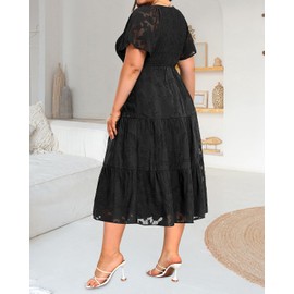Plus Size Black Dress Women Summer Wedding Guest Midi Short Sleeve A Line Tiered Flowy Smocked Lace Floral Dresses 2024