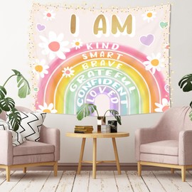 Imirell Rainbow Positive Quote Tapestry 59Wx51H Inches Kids Inspirational Motivational Colorful Floral Flower Arch Words Cartoon Art Hanging Bedroom Living Room Dorm Wall Blankets Home Decor Fabric