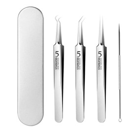Set of 4, Precision Tweezers, Square Bottle Remover, Tweezers, 0.0004 inch (0.01 mm), Tweezers, Comedo Pusher (with Storage Case), Square Plug, Strawberry Nose, Tweezers, Blackhead for Pore Care,
