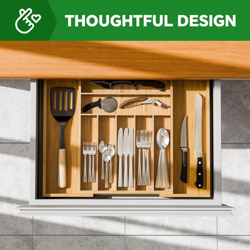 Simple Trending Bamboo Kitchen Drawer Organizer, Expandable Silverware Organizer, Utensil